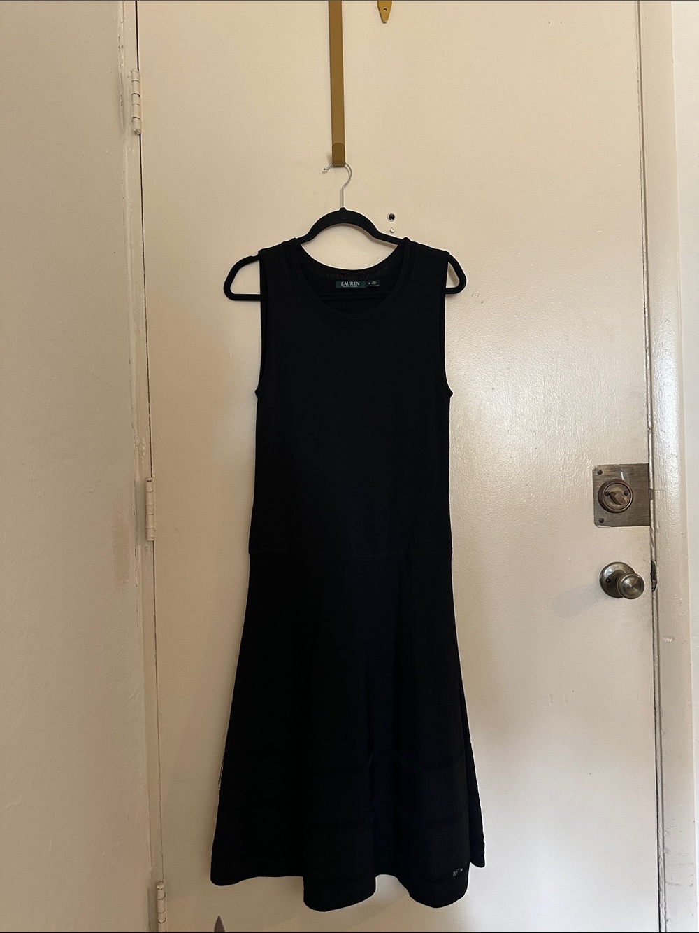 Lauren Ralph Lauren Knit Ruffle Crew Neck Shift Midi Dress Black Women's M